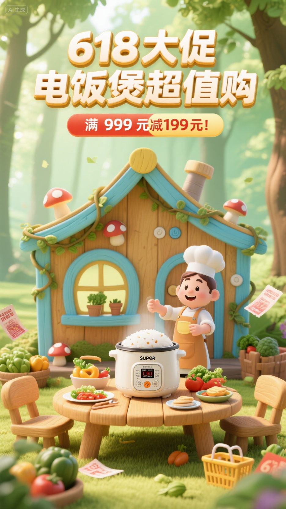 电商海报 (3),图片风格为「3D渲染」,比例 「9:16」使用 C4D 进行 3D 建模渲染,制作一张苏泊尔电饭煲天猫 618 电商促销海报。构建一个童话风格的森林木屋造型装置,外观为木质纹理搭配淡蓝色边框,装置上有蘑菇形状的按钮、藤蔓缠绕的装饰等元素。将苏泊尔电饭煲放置在木屋内部的餐桌中央,清晰展示电饭煲外观、操作面板及品牌标识。画面添加一个系着围裙的卡通厨师形象,周围布置蔬菜、水果、餐具等美食相关元素,以及优惠券、购物篮等购物元素。海报上方用醒目的立体字体呈现 “618 大促 电饭煲超值购” ,下方添加 “满 999 元减 199 元!” 的促销信息条。背景为淡绿色的森林,阳光透过树叶洒下斑驳光影,蓝黄色调对比营造温馨氛围。整体画面突出产品特色与 618 购物节的欢乐氛围。