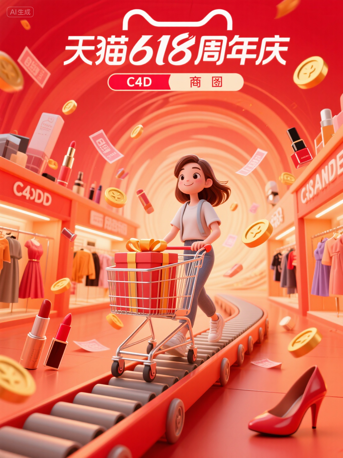 电商海报 (7),美妆类目海报 ,科技感,有活力的广告图,图片上方醒目位置写着“天猫618周年庆”3d风格,电商海报,冲击抬头角度,一个美妆和衣服的商场,一个穿着休闲装的女孩,推着购物车,购物车里装着一些礼物盒和购买的商品,周围飘着优惠券和金币,红橙色调,底部是传送带,传送带两旁是商铺,背景是节日氛围的漩涡,周围飘散着一些化妆品和衣服,口红,裙子,高跟鞋,