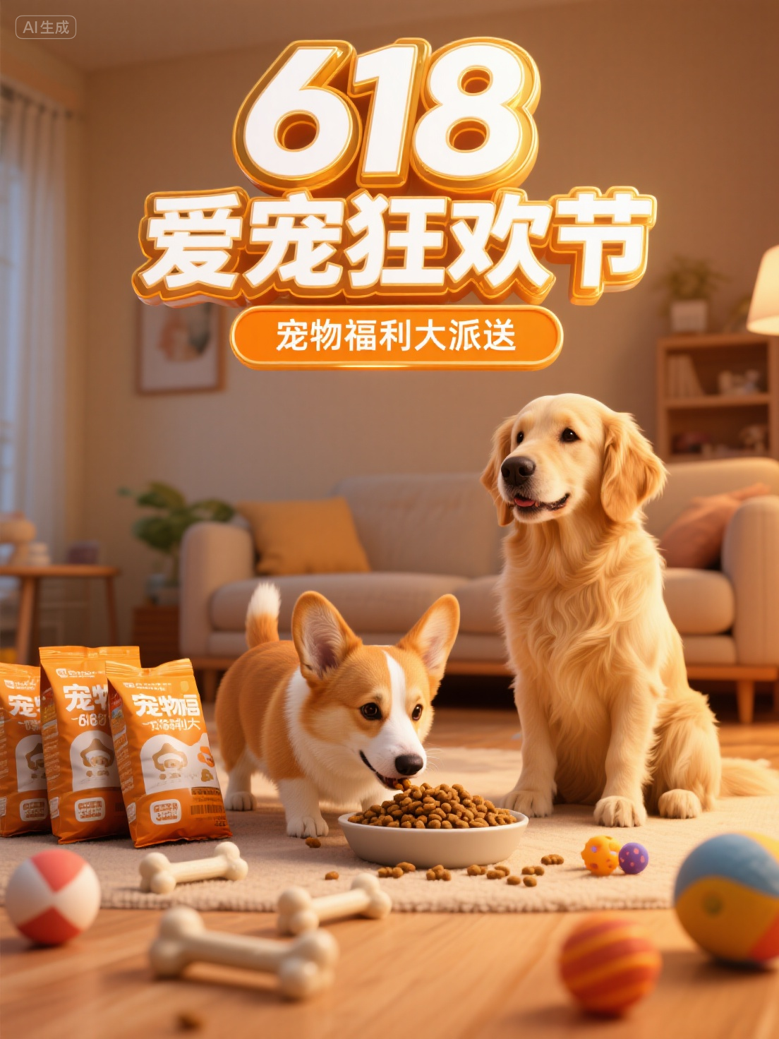 电商海报 (8),顶部大标题是“618爱宠狂欢节”,立体白色字,鎏金色边,立体字体有丰富的三层立体效果,中间是玻璃质感的凸描边,最底层是橙金色底,下方色框内是副标题“宠物福利大派送”3D风格,电商海报,冲击抬头角度。主体是两只狗一只柯基在吃狗粮,一只金毛在端坐着。背景是暖色调的客厅,客厅地上有杂乱放置的4袋狗粮、3个骨头磨牙棒,玩具球等宠物用品。色彩鲜艳,突出618大促狂欢氛围。