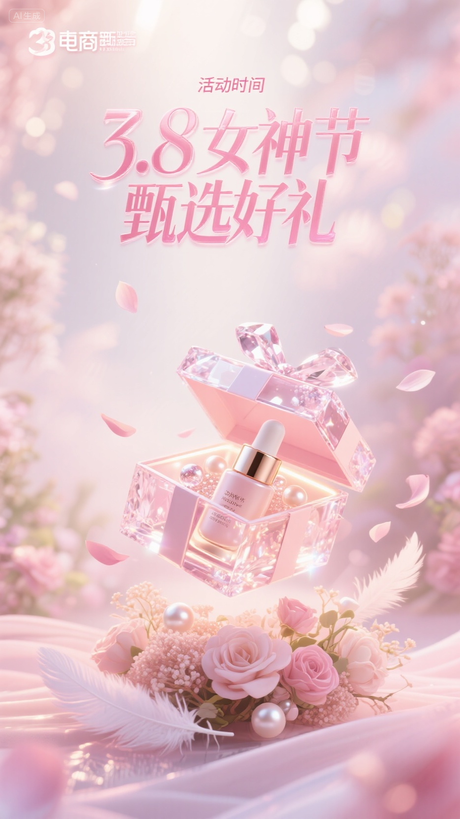 电商海报 (9),使用C4D进行3D建模渲染,制作一张38女神节电商海报。构建一个唯美的大促场景。柔光笼罩的梦幻花园场景,流动的粉色薄雾与飘落花瓣,水晶元素与珍珠光泽点缀。中央悬浮发光礼盒中装着美白精华护肤品,护肤品清晰展示。虚化前景的羽毛与永生花束,多层柔光滤镜叠加。海报上方用醒目的大号3D立体字突出标题“3.8女神节 甄选好礼“,标题呈现水晶样式。下方写活动时间“3.4--3.8”。整体画面突出柔和的气氛