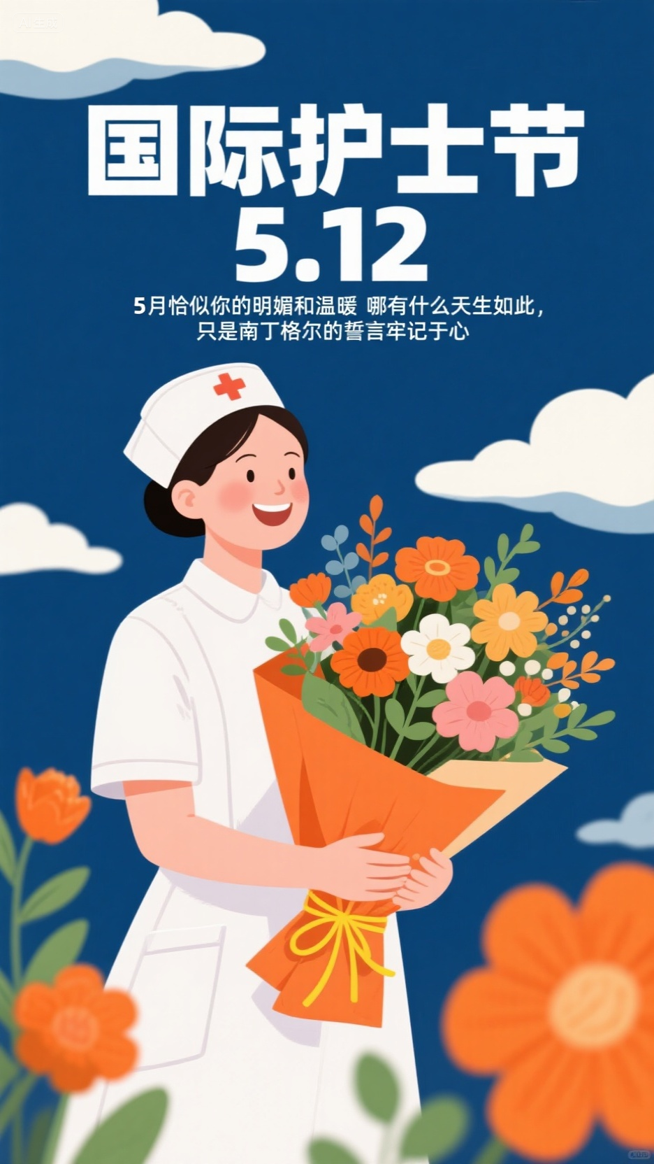 节日海报 (8),这是一张国际护士节宣传海报 。整体布局与色彩以深蓝色为背景主色调,营造出清新、舒适的氛围,搭配白色云朵图案,增添了画面的柔和感。其间点缀着橙色花朵与绿色枝叶,色彩鲜明,带来活力与生机。主体元素人物形象:画面中部是一位面带笑容的护士,她头戴白色护士帽,穿着白色护士服,脸上洋溢着幸福与满足。护士双手抱着一束色彩丰富的鲜花,花束用橙色包装纸包裹,黄色细绳系扎,体现出护士收获的美好与敬意。文字内容:中间偏上位置,“国际护士节 5.12” 以大号白色字体突出显示,点明主题。其下方文案 “5 月恰似你的明媚和温暖 哪有什么天生如此,只是南丁格尔的誓言牢记于心” 整体画面是扁平风插画风格