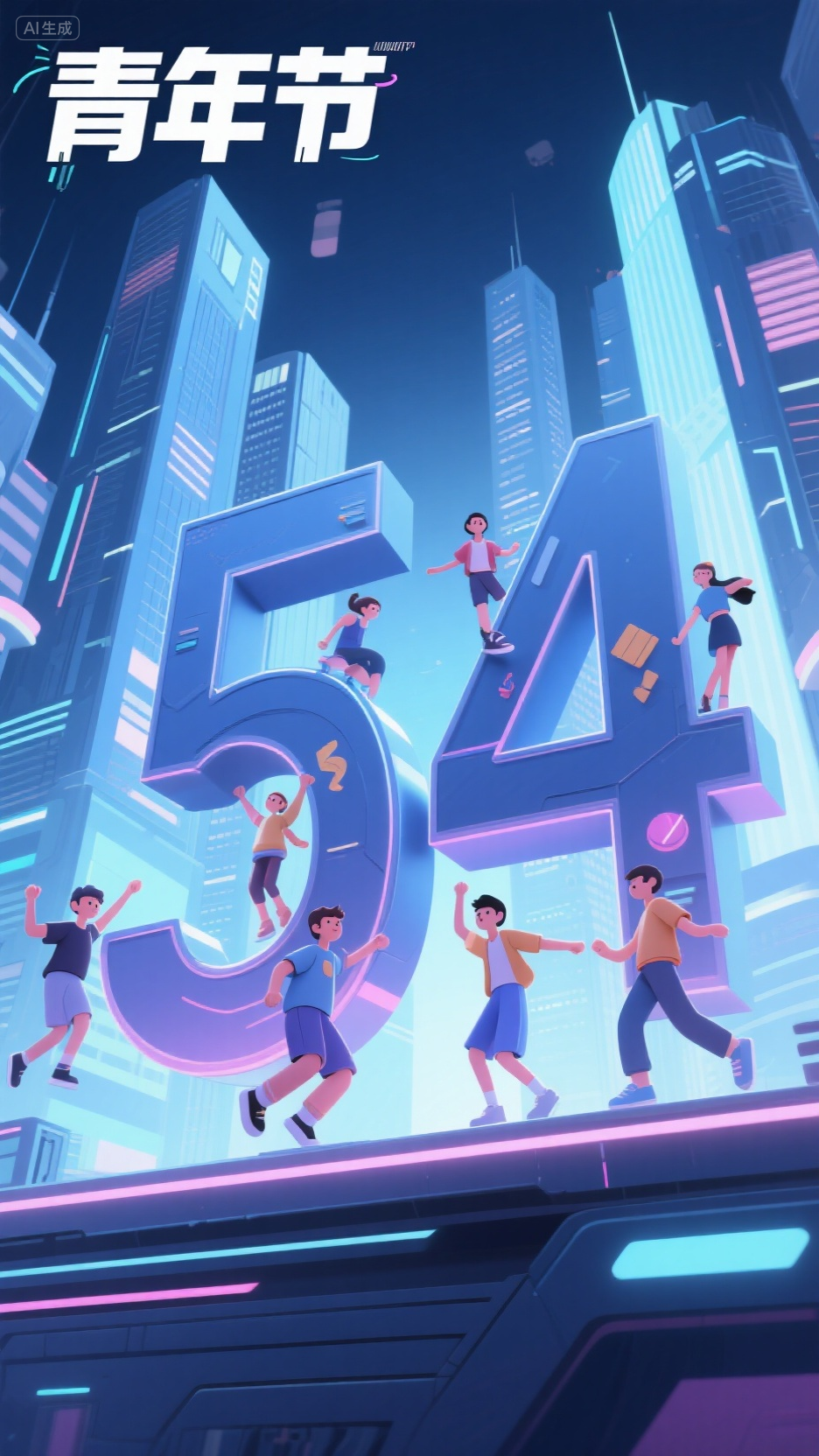 节日海报 (10),生成一张青年节的海报,背景是虚化的发达未来城市,游戏风格,中间有一个立体字,文字“54”扁平插画,矢量图,浮雕,字体上装饰的有几个活力四射的年轻人,青年节字体,3D渲染,背景是虚化的城市,高楼大厦,现代城市,活力四射的画面,青春活力的氛围,庆祝节日,高清细节