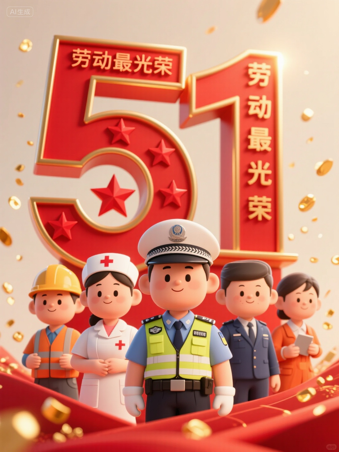 节日海报 (1),节日喜庆风格,劳动节主题。画面以红色为主色调,有立体的红色“51”字样,“5”的内部有五颗红色五角星图案。下方有交警、工人、护士、都市白领和教师等的 Q 版上半身肖像,在肖像下面“劳动最光荣”的字样。画面中还有一些金色光点装饰,整体传达出五一劳动节的喜庆氛围 。