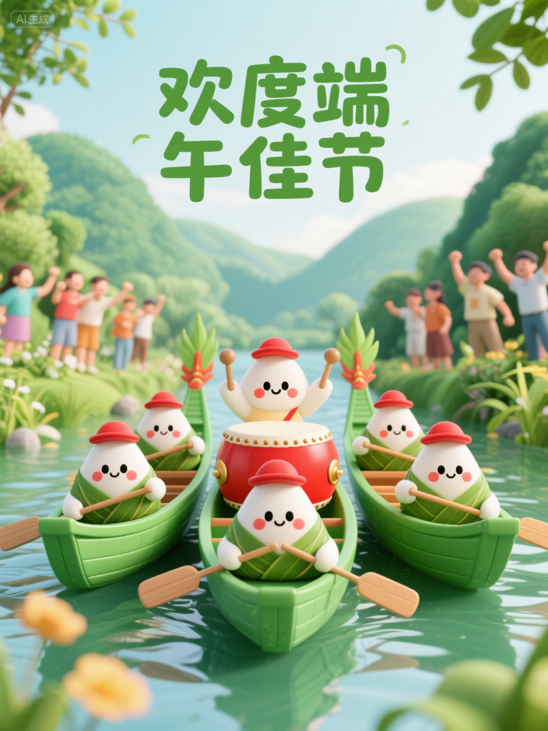 节日海报 (6),可爱写实风格,节日主题。画面展示的是三艘龙舟。三艘龙舟横向排列,主体为绿色,每艘龙舟有五个白色的粽子造型的小人,每个粽子小人戴着红色的帽子,脸上有不同表情的黑色眼睛和嘴巴,脸颊处还有红色腮红。左右两艘龙舟上的粽子小人手中拿着船桨,正在奋力划水,中间的龙舟上摆放着一面红色大鼓粽子小人手拿鼓槌奋力敲鼓,背景青山绿水花草树木,周围是观看龙舟比赛的人群,他们都在呐喊加油,整体氛围开心愉悦,充满端午节氛围,上方绿色艺术字配文“欢度端午佳节” 。