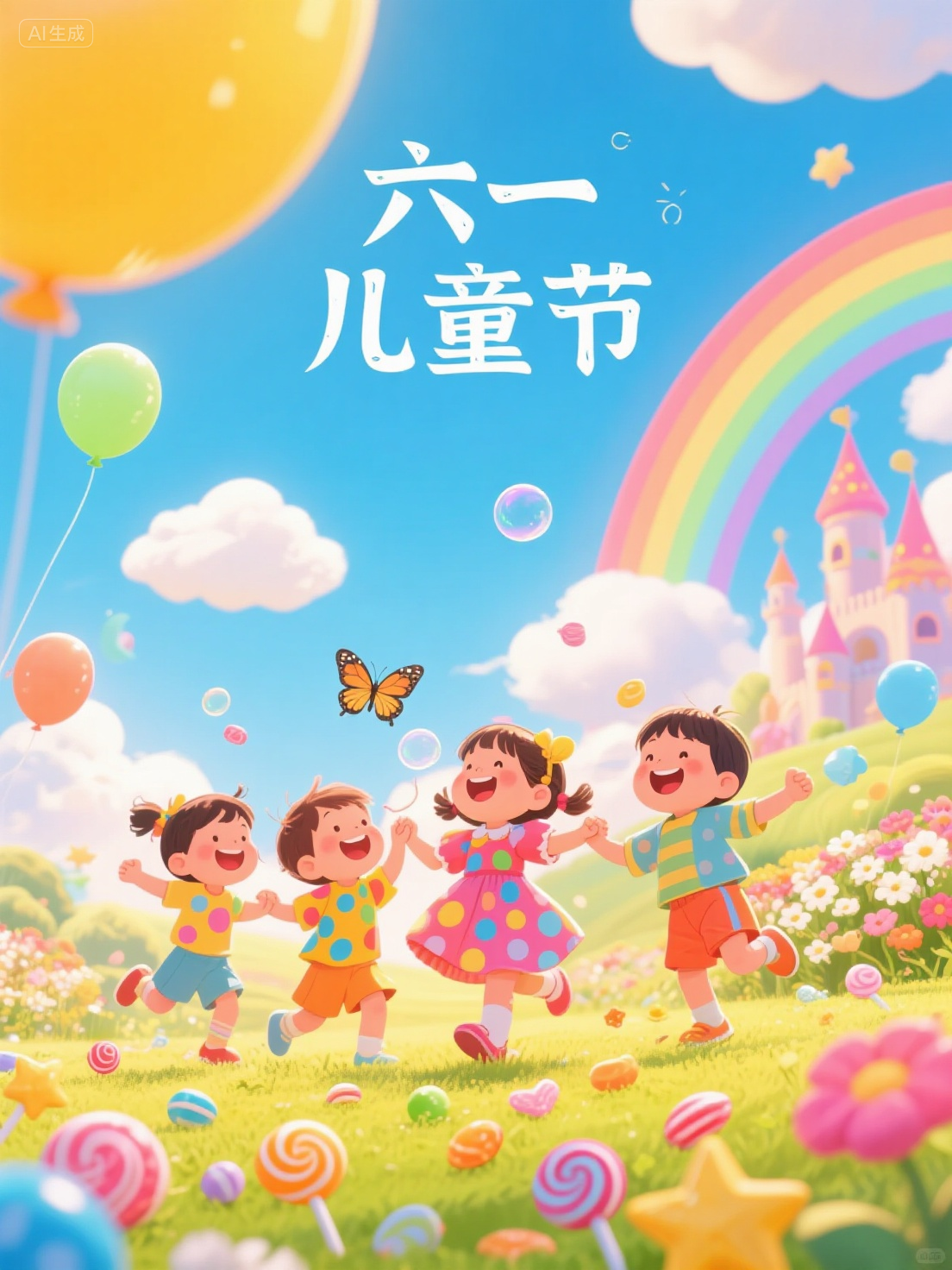 节日海报 (5),主题:节日海报,2025 年六一儿童节。风格:童趣梦幻风,营造出充满想象力和欢乐的氛围,契合儿童节的主题。视觉:主体:一群天真可爱的小朋友,他们穿着色彩鲜艳的节日服装,脸上洋溢着灿烂的笑容,有的在吹泡泡,有的在追逐蝴蝶,有的手拉手跳舞。人物:小朋友们的形象活泼灵动,表情丰富,体现出儿童的天真无邪。背景:梦幻般的童话世界背景,有彩色的云朵、彩虹、城堡和大片盛开的花朵,远处是蓝天白云。装饰:画面中散落着各种糖果、气球、星星等元素,增添节日的欢乐气氛。构图:三分法构图,将画面分为九宫格,把小朋友们的活动区域放置在四个交叉点附近,突出主体。同时,背景的元素合理分布,使画面更加平衡。色彩:采用高饱和度的色彩方案,以粉色、黄色、蓝色、绿色等明亮的颜色为主,形成鲜明的对比,营造出欢快、活泼的氛围。参数:景深:浅景深,让小朋友们清晰对焦,背景适当虚化,突出主体人物。材质:小朋友的服装和皮肤质感细腻真实,背景的云朵、花朵等采用柔和的材质,有轻盈的感觉。光影:暖黄色的顶光,模拟阳光照射的效果,使画面明亮温暖,突出节日的欢快氛围。信息:活动时间为 2025 年 6 月 1 日