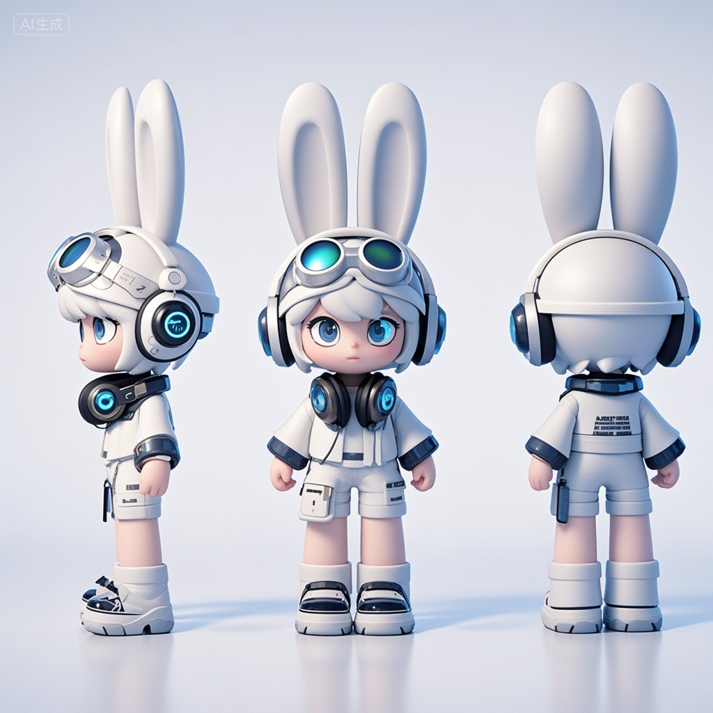 口袋-戴护目镜头盔的兔子玩偶IP形象,三视图,全身,3D科技ip,未来科技感的小兔子形象,带着科技眼镜,脖子上挂着衣服大耳机,头身比1:1,耳朵很长,未来感的白色衣服,拟人,站立,干净的背景,白色色系,干净通透,pop mart, pixar, ip, blind box,Studio light, octane渲染,3D, C4D, blender,超高质量,超高清,8K -ar 1:1 -niji 5