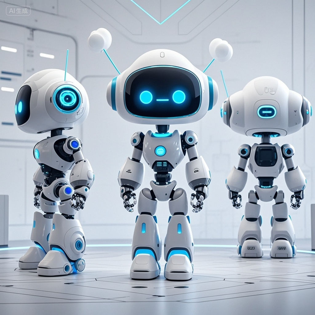 口袋-蓝色发光装饰机器人IP形象,云朵头部机器人IP形象三视图,等距视角展示正面侧面背面,哑光质感白色主体配天蓝细节,blender建模,octane渲染,工业设计展示图,3D卡通风格,技术图纸构图,8k精度,简约科技感背景