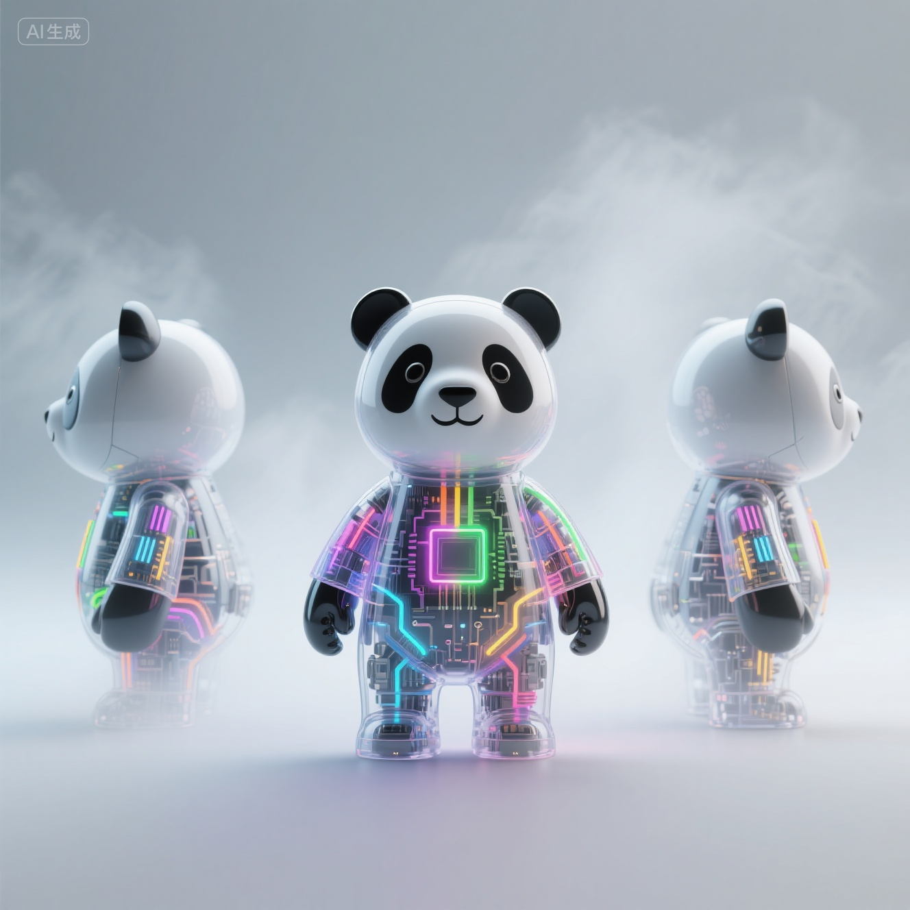 口袋-腹部有霓虹电路的熊猫玩偶IP形象,科技IP三视图,中间主体部分是一个由机械部件电路等构成的熊猫,左边是他的侧视图,右边是他的后视图,三个视图身体结构与主视图一致,搭配五彩色霓虹灯光晶体管,透明外壳,呈现出科技感与未来感,背景为干净的浅灰色渐变,薄烟雾,体积光,柔和的光影对比,整体传达出专业、时尚、现代的科技氛围