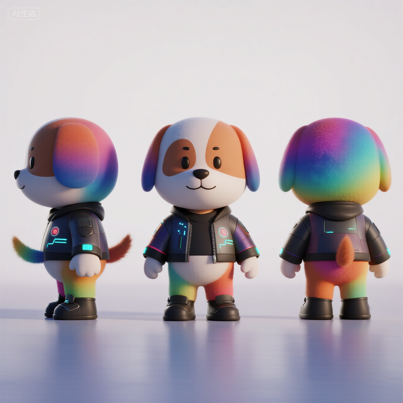 口袋-穿科技夹克的卡通小狗IP形象,IP,3D,三视图,超高清,科技狗,可爱风格,色彩鲜艳