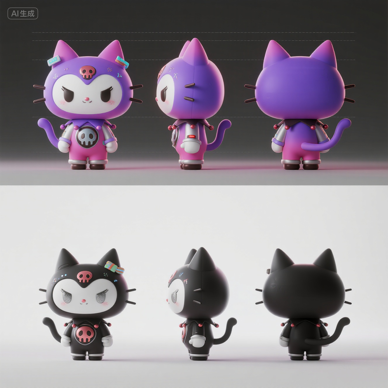 口袋-带骷髅装饰的卡通猫IP形象,IP,3D,三视图,超高清,科技猫,可爱风格,色彩鲜艳