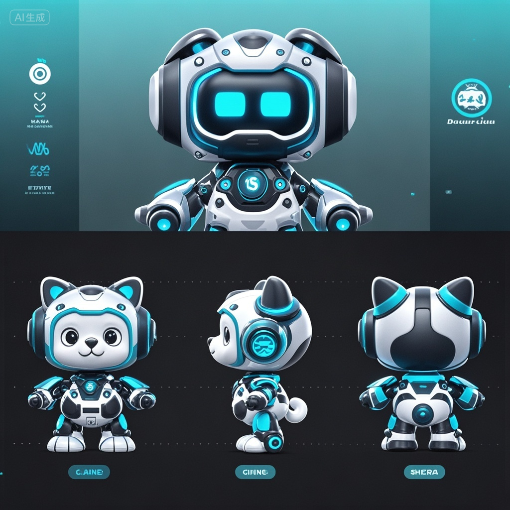 口袋-带猫耳的科技机器人IP形象,IP,带有科技感的狗狗 ip形象卡通,三视图,机械风。