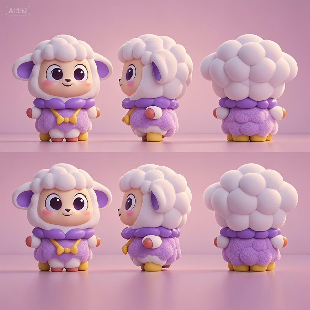 口袋-紫色衣服白色羊毛小羊IP形象,三视图,盲盒,迪士尼风格,小绵羊,IP,3D,三视图,前视图,侧视图,后视图,盲框,超高清,大眼睛,可爱的表情,动物造型,干净的背景,