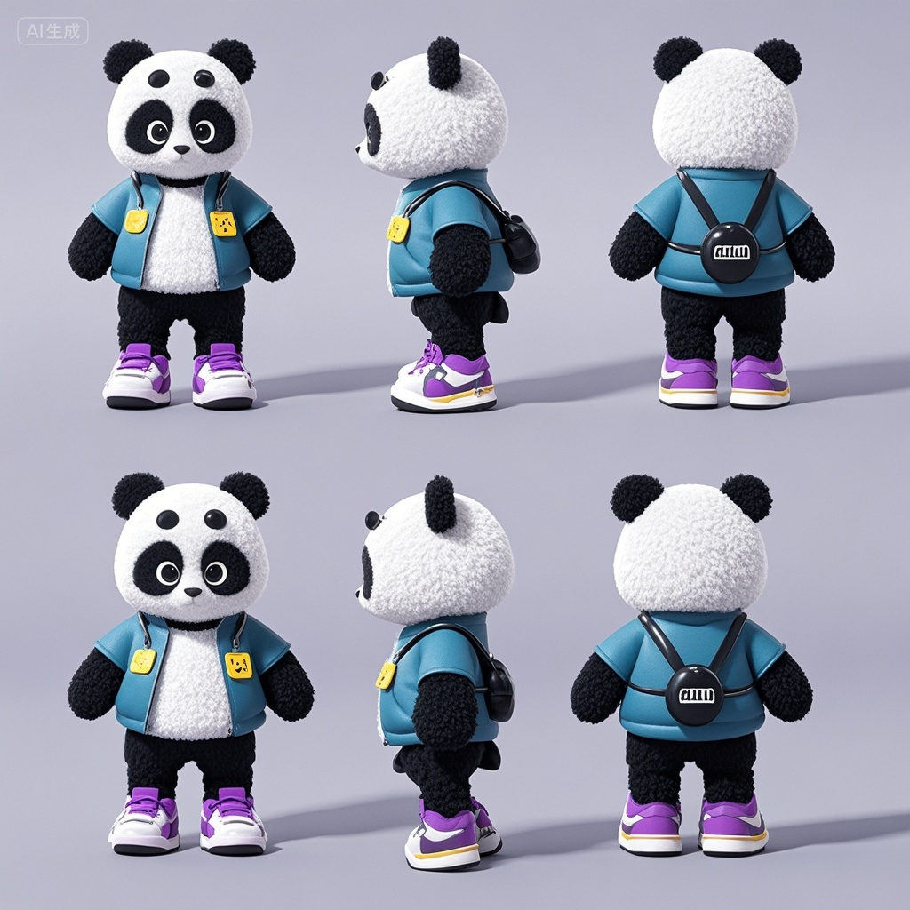 口袋-穿蓝色外套运动鞋的熊猫IP形象,3D卡通角色设计,毛茸茸的可爱熊猫拟人角色,时尚服装,球鞋,酷,三视图,正视图,侧视图,后视图,毛绒材质,干净背景,捏土材质,配色高级,极致的光影,高级,充满创意,极简