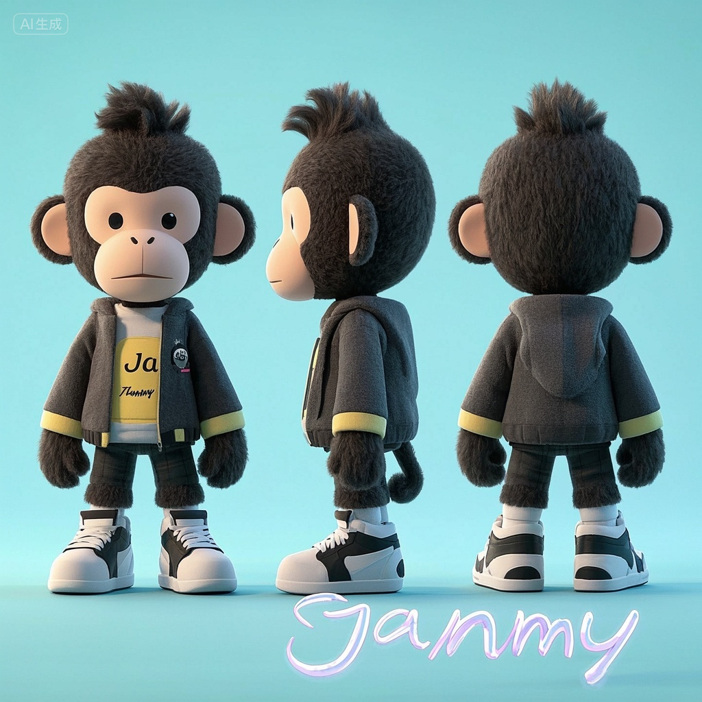 口袋-拟人化猴子IP形象,3D卡通角色设计,毛茸茸的可爱动物猴子拟人角色,时尚服装,球鞋,酷,三视图,正视图,侧视图,后视图,毛绒材质,干净背景,配色高级,极致的光影,高级,充满创意,极简,右下角署名“Janmy ”