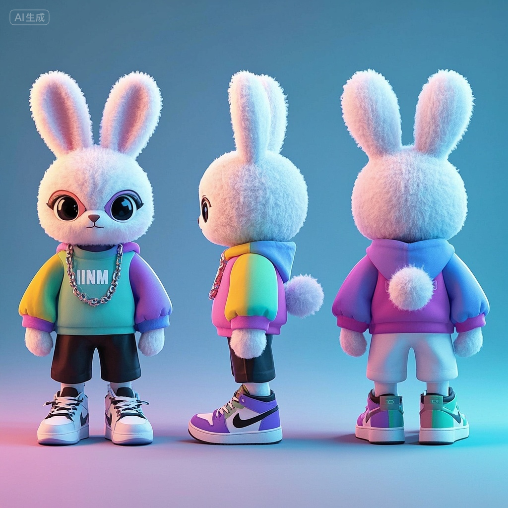 口袋-穿彩色拼接连帽衫的兔子IP形象,3D卡通角色设计,毛茸茸的可爱动物兔子角色,时尚服装,球鞋,酷,三视图,正视图,侧视图,后视图,毛绒材质,干净背景,配色高级,极致的光影,高级,充满创意,极简,