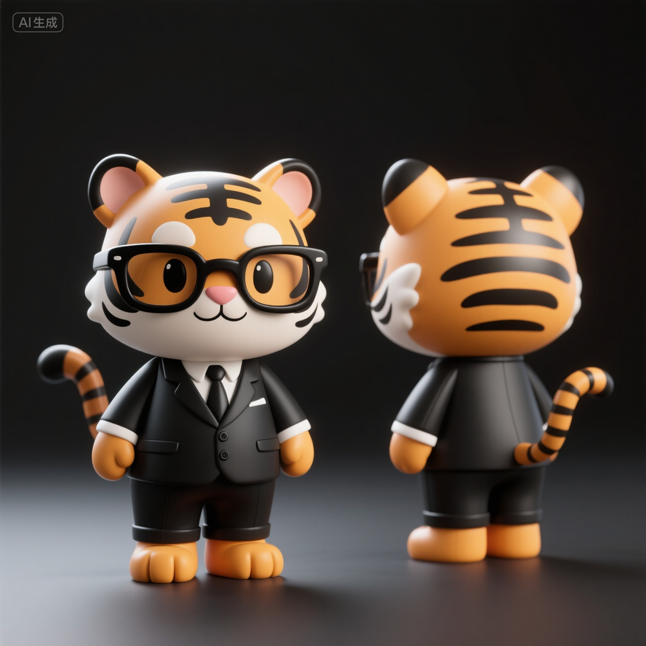 口袋-戴眼镜穿西装的卡通老虎IP形象,做一套小老虎拟人的品牌ip设计,卡通ip,小老虎身穿黑色正装,戴黑色眼镜,三视图,平面设计,黑色底