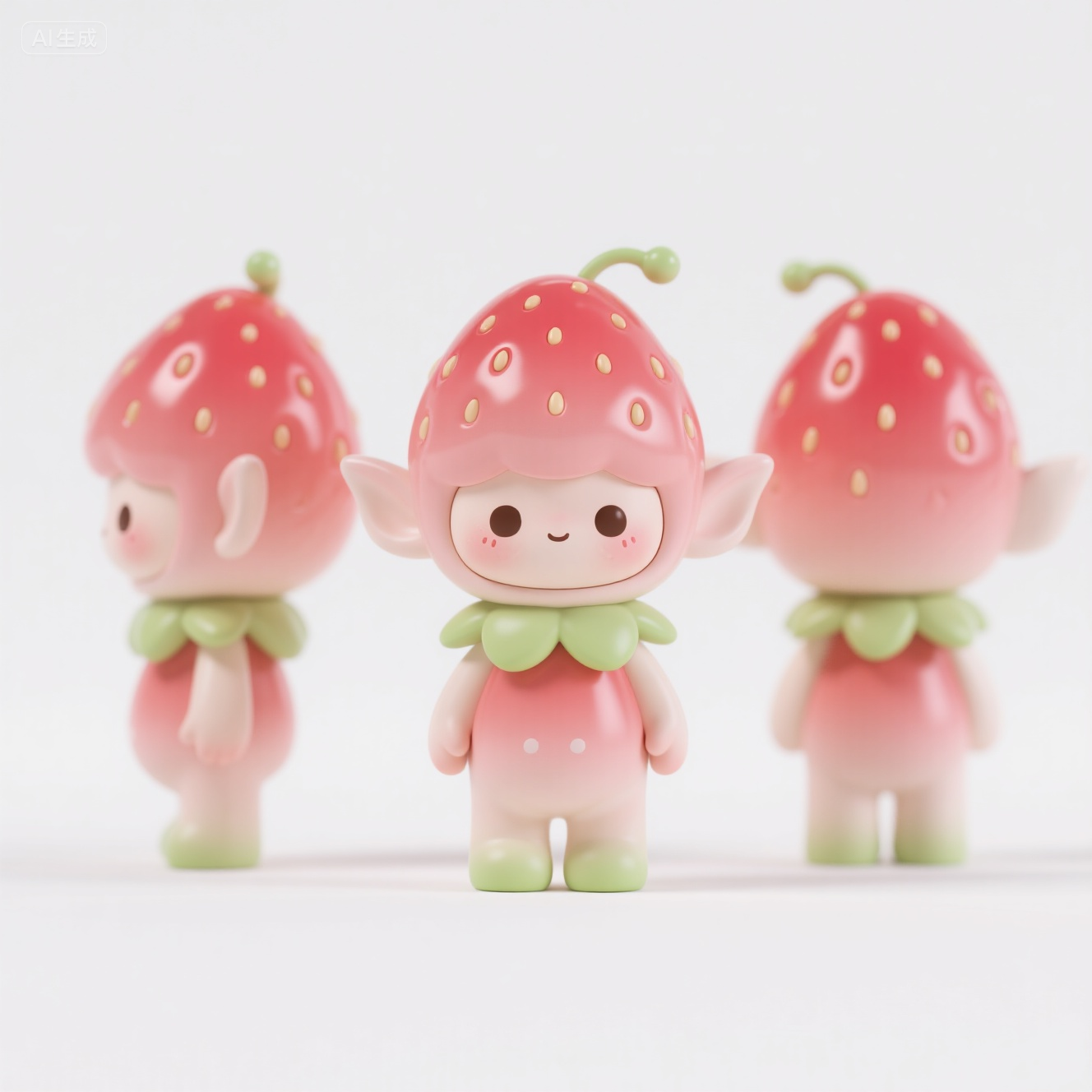 口袋-草莓玩偶IP形象展示,IP形象,三视图,超级可爱的ip,可爱,拟人形象,手工树脂玩偶,精细的光泽,干净的背景,3d渲染,oc渲染,草莓精灵,白色背景,治愈,全身,画面撑满,不要字