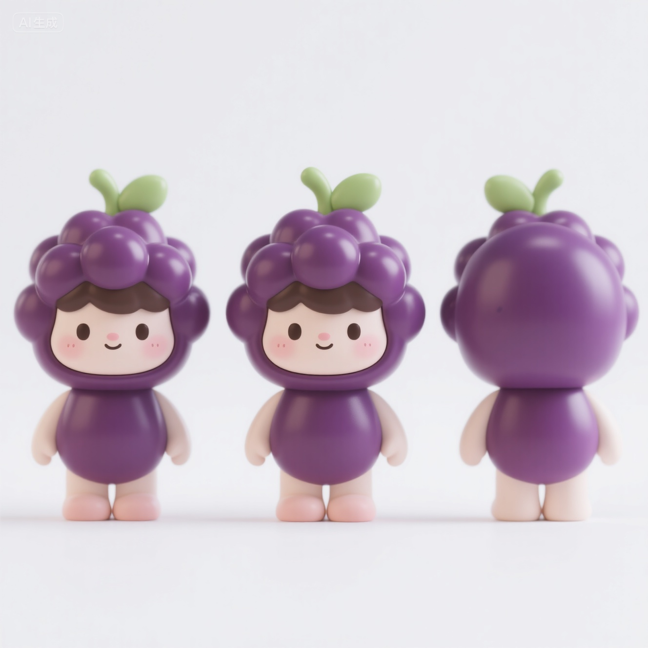 口袋-葡萄玩偶IP形象组合,IP形象,必须要有侧面,正面,背面的三视图,超级可爱的ip,可爱,拟人形象,手工树脂玩偶,精细的光泽,干净的背景,3d渲染,oc渲染,葡萄拟人,有人的脸和五官,纯白色背景,治愈,全身,画面撑满,不要字