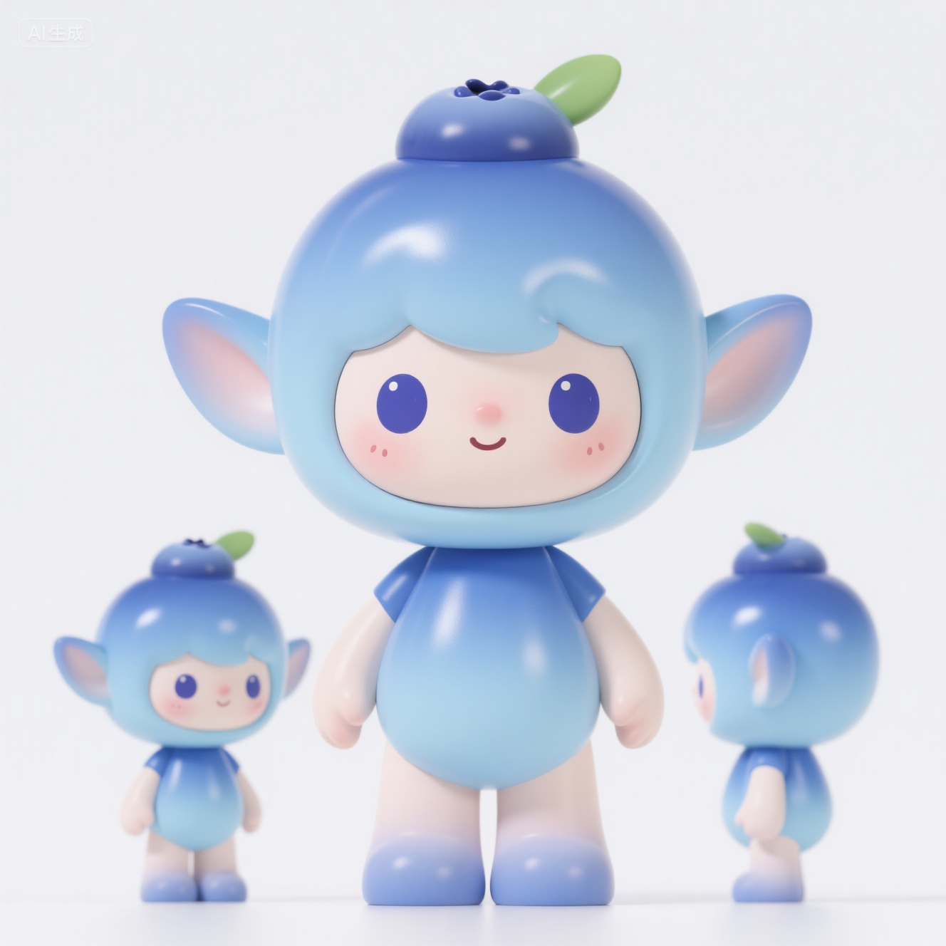 口袋-蓝莓造型玩偶IP形象,IP形象,三视图,超级可爱的ip,可爱,拟人形象,手工树脂玩偶,精细的光泽,干净的背景,3d渲染,oc渲染,蓝莓精灵,白色背景,治愈,全身,画面撑满,不要字