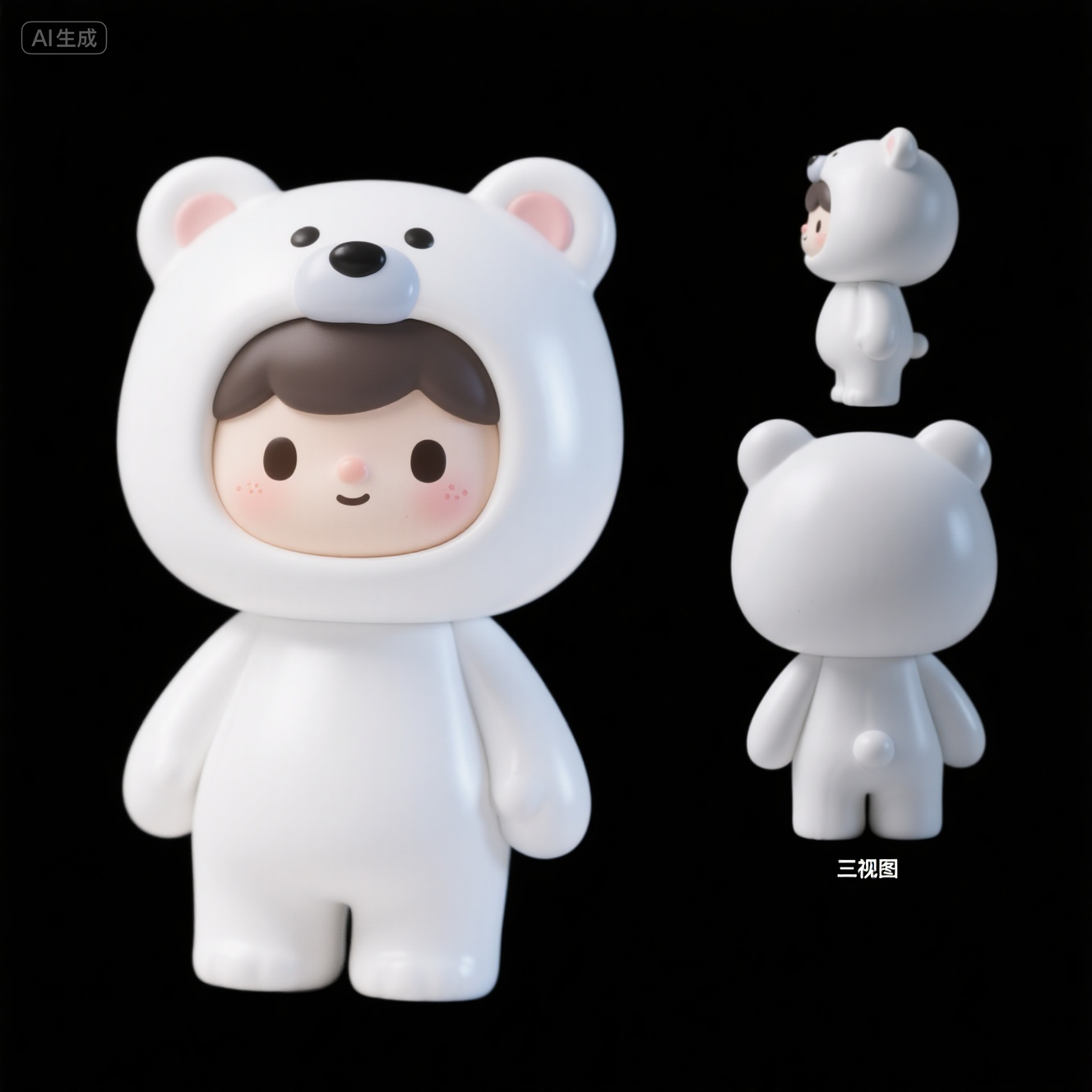 口袋-白色熊形连体衣IP形象三视图,IP形象,必须要有侧面,正面,背面的三视图,超级可爱的ip,可爱,拟人形象,手工树脂玩偶,精细的光泽,干净的背景,3d渲染,oc渲染,北极熊拟人,有人的脸和五官,纯白色背景,治愈,全身,画面撑满,不要字