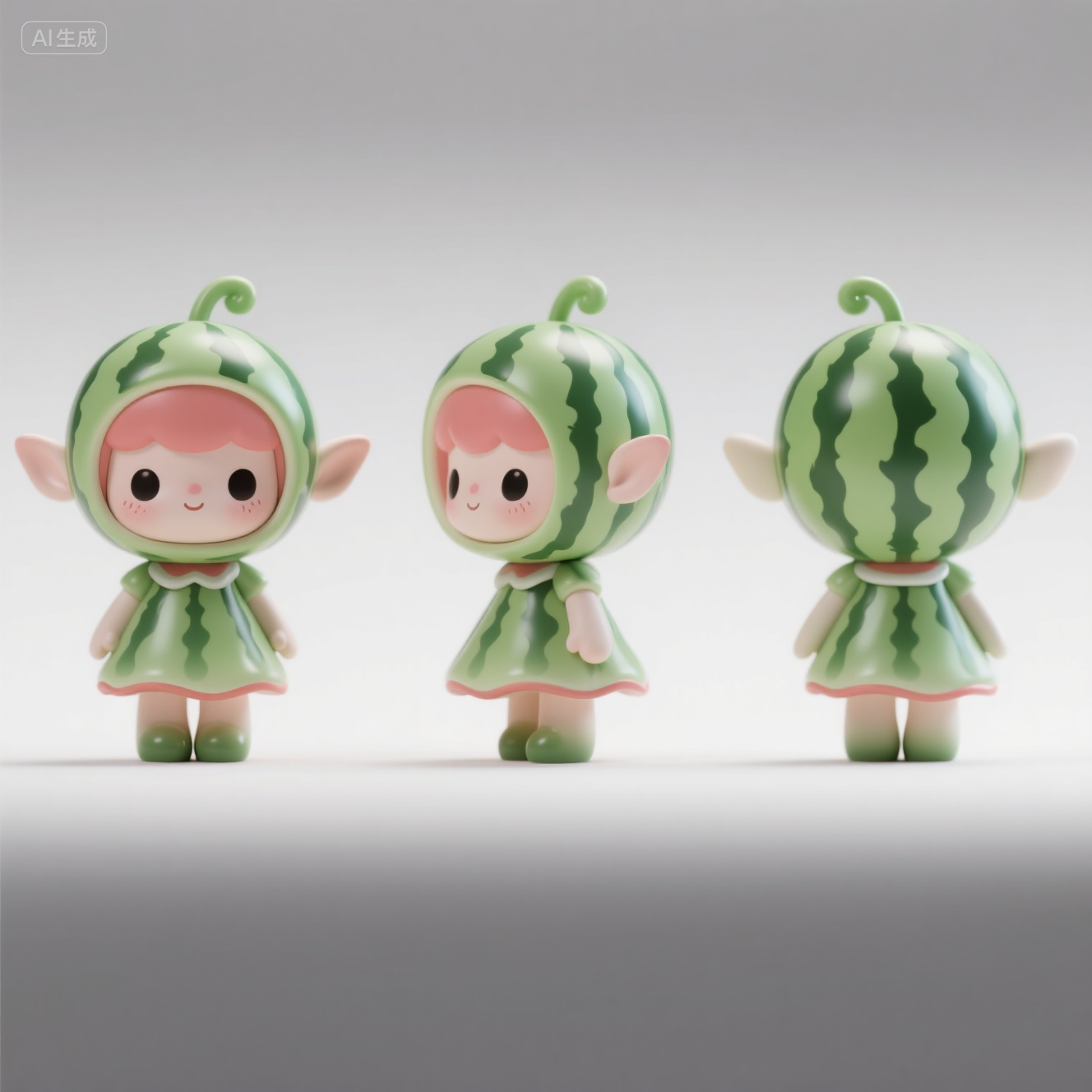 口袋-西瓜玩偶IP形象多视角展示,IP形象,必须要有侧面,正面,背面的三视图,超级可爱的ip,可爱,拟人形象,手工树脂玩偶,精细的光泽,干净的背景,3d渲染,oc渲染,西瓜精灵,白色背景,治愈,全身,画面撑满,不要字
