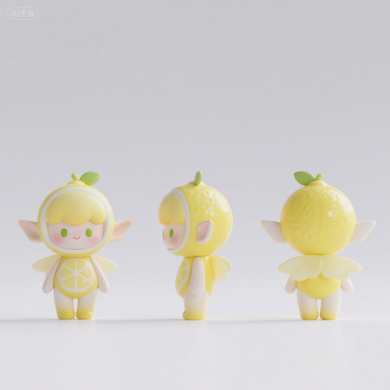 口袋-柠檬玩偶IP形象展示,IP形象,必须要有侧面,正面,背面的三视图,超级可爱的ip,可爱,拟人形象,手工树脂玩偶,精细的光泽,干净的背景,3d渲染,oc渲染,柠檬精灵,白色背景,治愈,全身,画面撑满,不要字