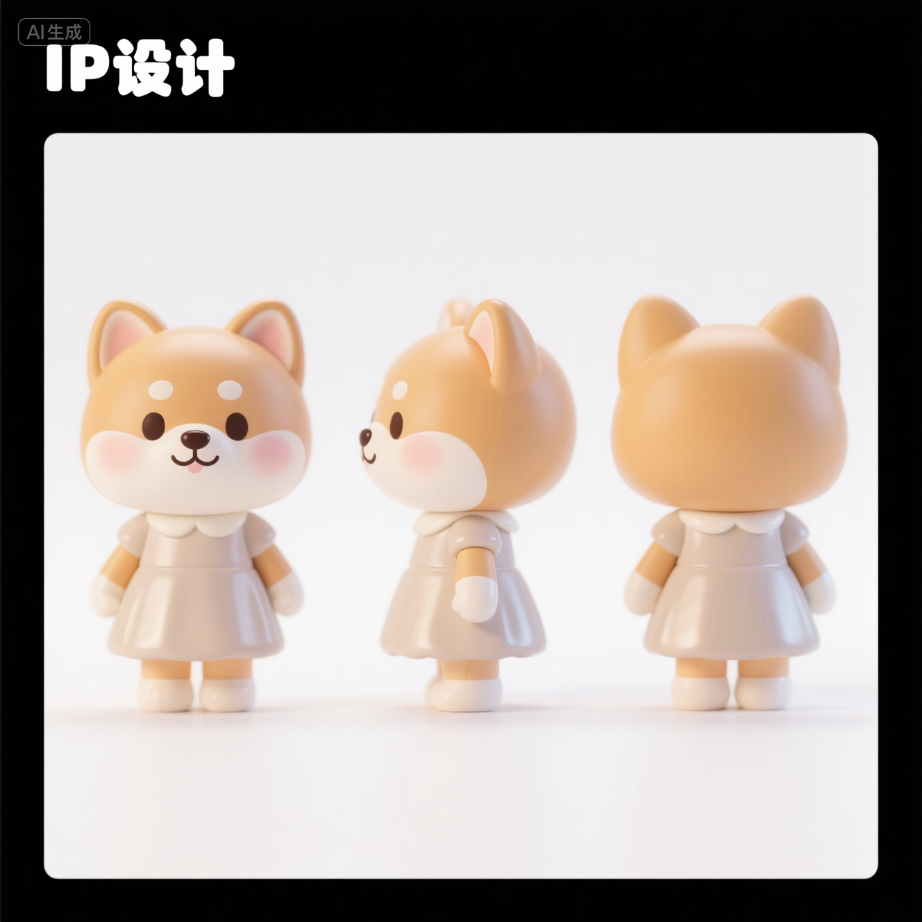 口袋-浅棕色柴犬玩偶IP形象组合,IP形象,必须要有侧面,正面,背面的三视图,超级可爱的ip,可爱,拟人形象,手工树脂玩偶,精细的光泽,干净的背景,3d渲染,oc渲染,柴犬拟人,有人的脸和五官,纯白色背景,治愈,全身,画面撑满,不要字