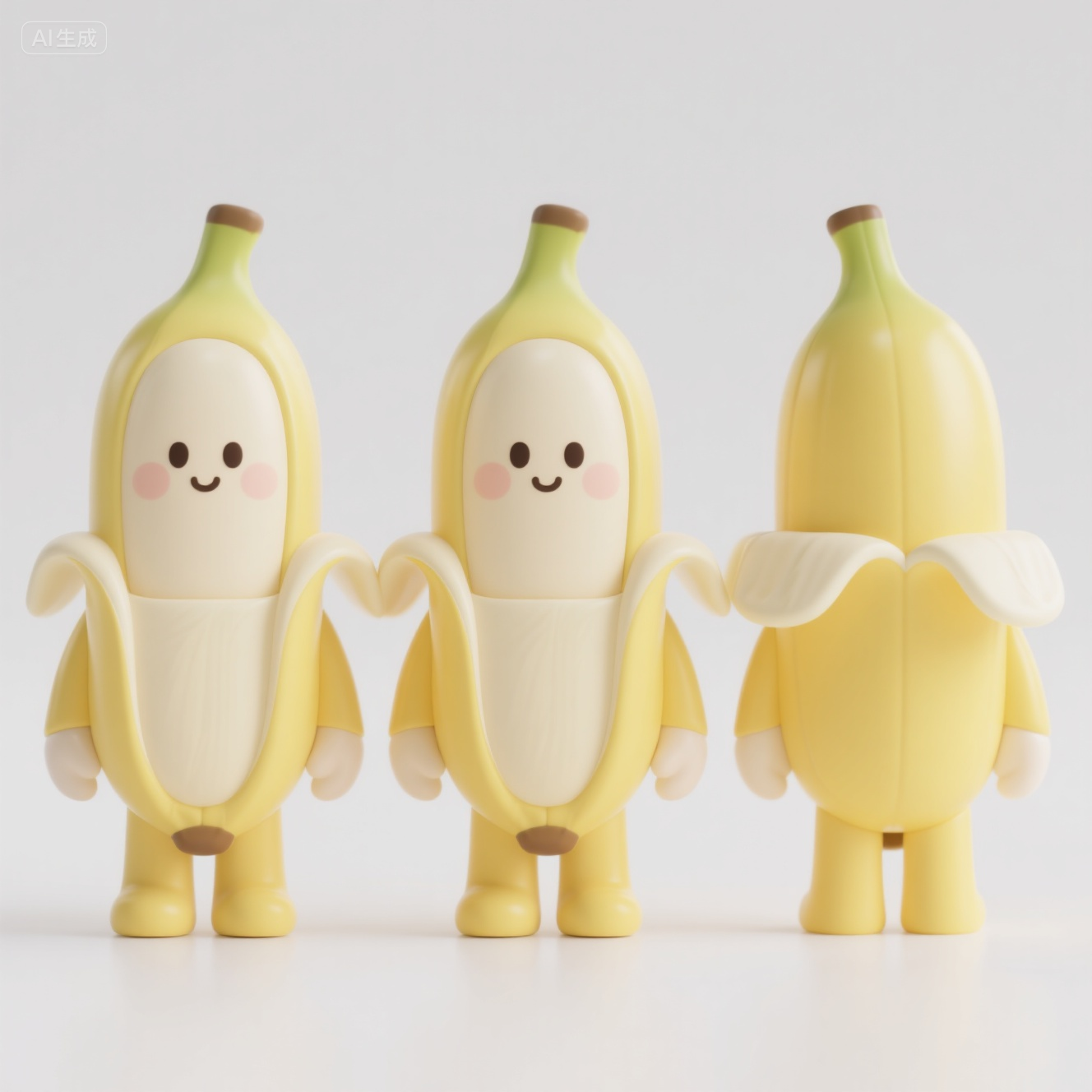 口袋-香蕉拟人IP形象展示,IP形象,必须要有侧面,正面,背面的三视图,超级可爱的ip,可爱,拟人形象,手工树脂玩偶,精细的光泽,干净的背景,3d渲染,oc渲染,香蕉人,纯白色背景,治愈,全身,画面撑满,不要字