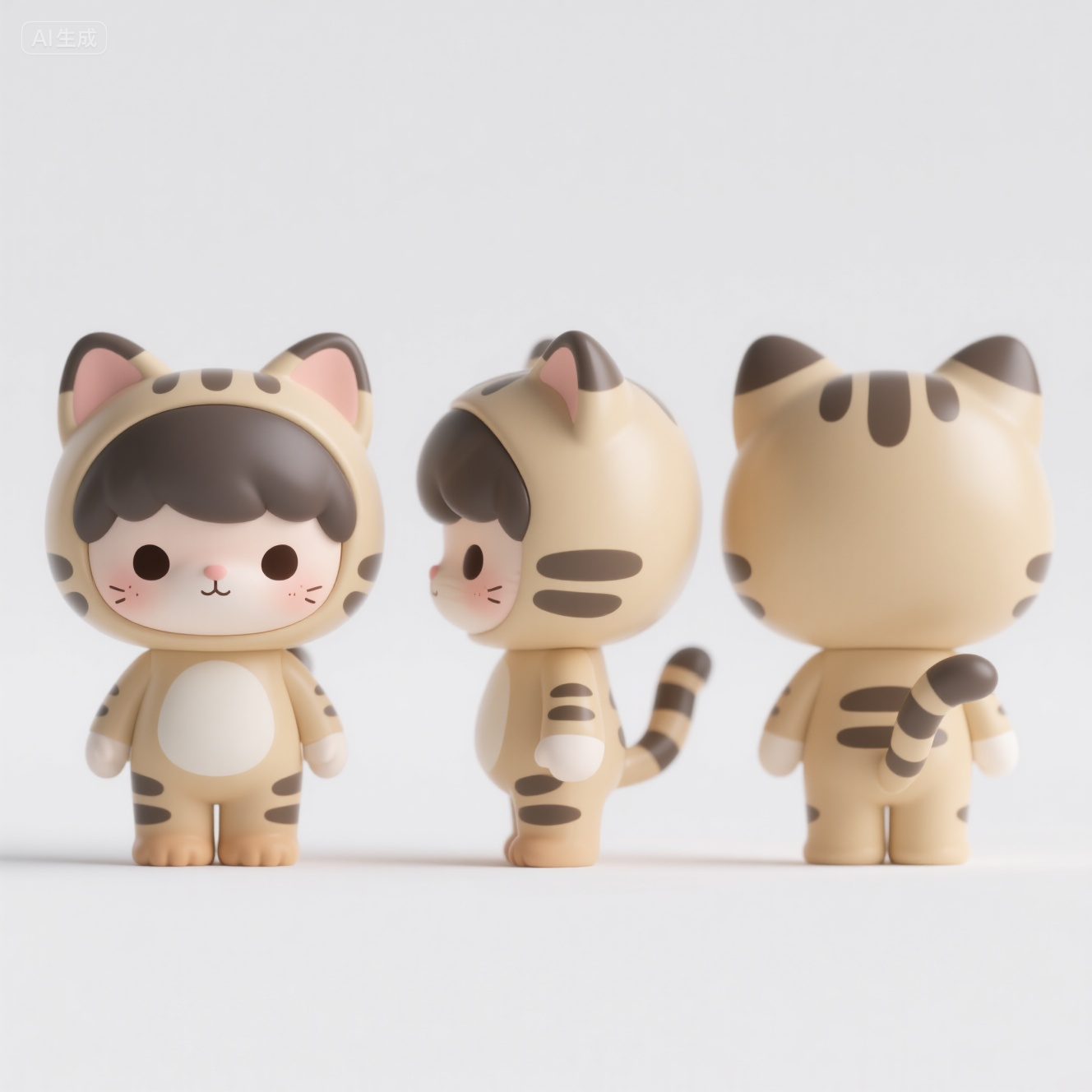 口袋-老虎造型连体衣玩偶IP形象多视角展示,IP形象,必须要有侧面,正面,背面的三视图,超级可爱的ip,可爱,拟人形象,手工树脂玩偶,精细的光泽,干净的背景,3d渲染,oc渲染,狸花猫拟人,有人的脸和五官,纯白色背景,治愈,全身,画面撑满,不要字