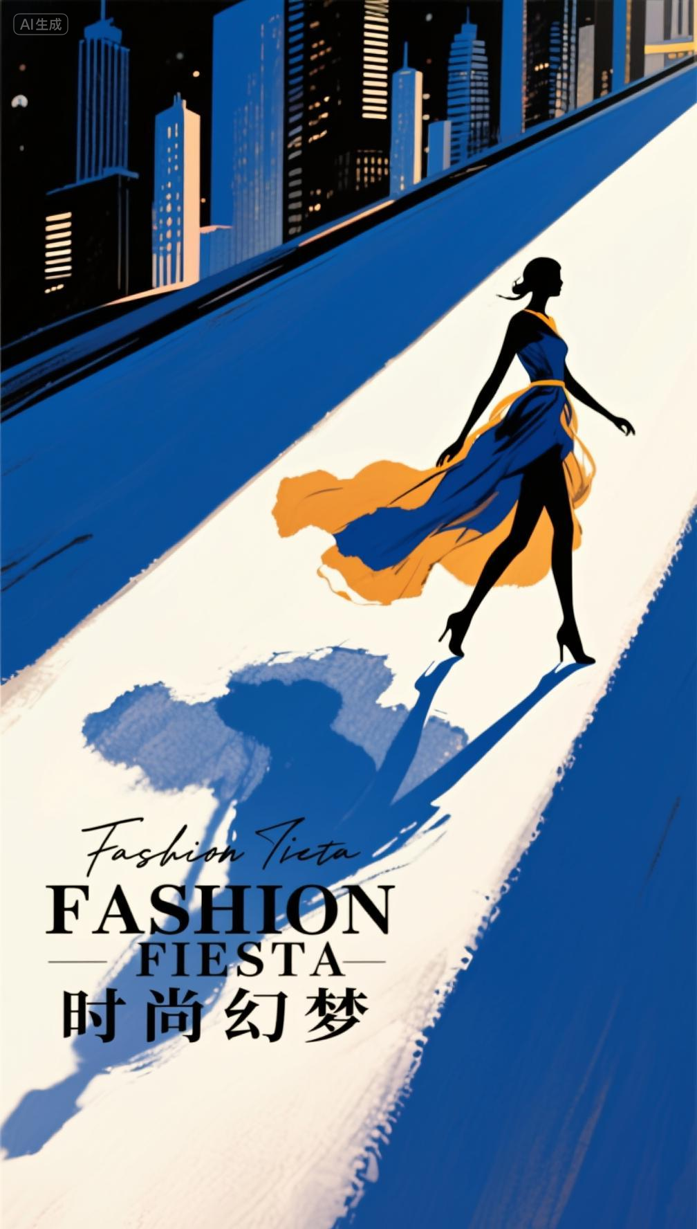 口袋-女性的时尚城市漫步,宣传海报,东方水墨画与水彩交织晕染效果,以灵动且简约的线条勾勒出一位潮流模特的侧影。模特体态曼妙,步履轻盈灵动,好似正于时尚秀场的 T 台上款款前行。线条简约却精准无误,把模特的身体曲线、肢体姿态以及服饰的轮廓生动展现,每一处勾勒都精妙得当,彰显出浓郁的艺术设计感。例如,模特所穿的时装或许有着宽大且飞扬的裙摆,线条便着重凸显裙摆的灵动与韵律感;亦或是紧身的设计,线条就精确地贴合身体曲线,展现出服饰的精致与摩登感。钴蓝色与蜜蜡色调为主,强烈的明暗反差,光影相互交织碰撞,多重影子相互叠加,多视角拍摄手法,背景以简洁的都市夜景元素构成,浓厚的艺术氛围,强烈的现代设计感,水墨晕染的独特质感,“FASHION FIESTA”,副标题 “时尚幻梦”,手写花体英文字体,个性签名,具有东方韵味的插画风格。