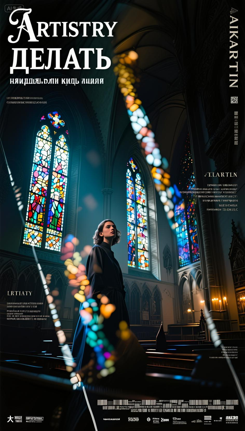 口袋-教堂中的神秘女性,国际海报,艺术人像摄影,镜头语言,画面给人很强的故事感。散焦,多重曝光,教堂中的艺术,彩绘玻璃艺术,戏剧性灯光,时尚艺术,概念艺术,极具艺术的现代海报设计的排版和构图形式,大师海报作品。