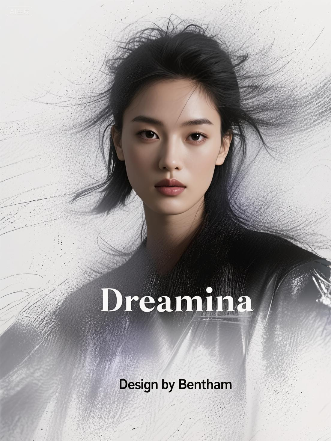 口袋-冷峻女性的简约之美,极简人像时尚海报,弥散渐变,笔触感,颗粒感,朦胧感,肌理感,文字“Dreamina”“Design by Bentham”