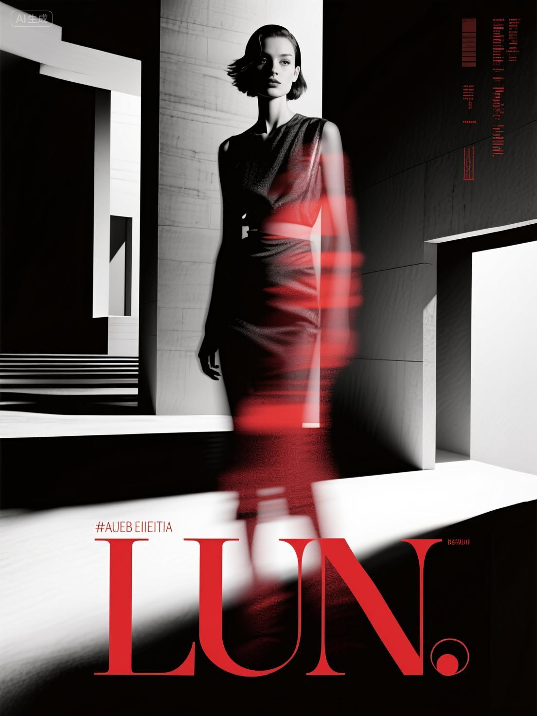 口袋-黑色连衣裙女性的冷峻魅力,时尚海报,镜头语言,画面给人很强的故事感。散焦。多重曝光,艺术美学,颗粒弥散,视觉摄影,空间感高级,黑白红主色调戏剧性灯光,时尚艺术,概念艺术,极具艺术的现代海报设计的排版和构图形式,大师海报作品。