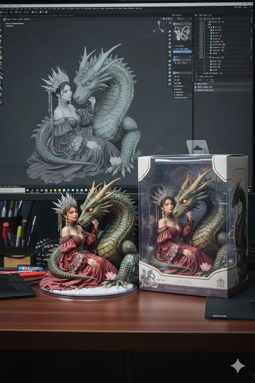 写实真人IP形象3D模拟打印潮玩,Transforming the photographed person into a realistic 3D figurine in front of a computer desk. The computer screen displays a 3D design drawing of the figurine's software interface. The figurine has a transparent base, and next to it is its matching packaging box, allowing the figurine to be seen.The overall scene is in a realistic style, with the character presented in an ultra-realistic manner. The image quality reaches 4K high definition, the lighting effects are bright and layered, and the colors are saturated and vibrant, showcasing the exquisite imaging effect of high-end photography.Visual Tone: The scene is rich in color and visually impactful. The camera should be able to display different grand backgrounds, with detailed and lively elements in the background, creating an immersive experience.